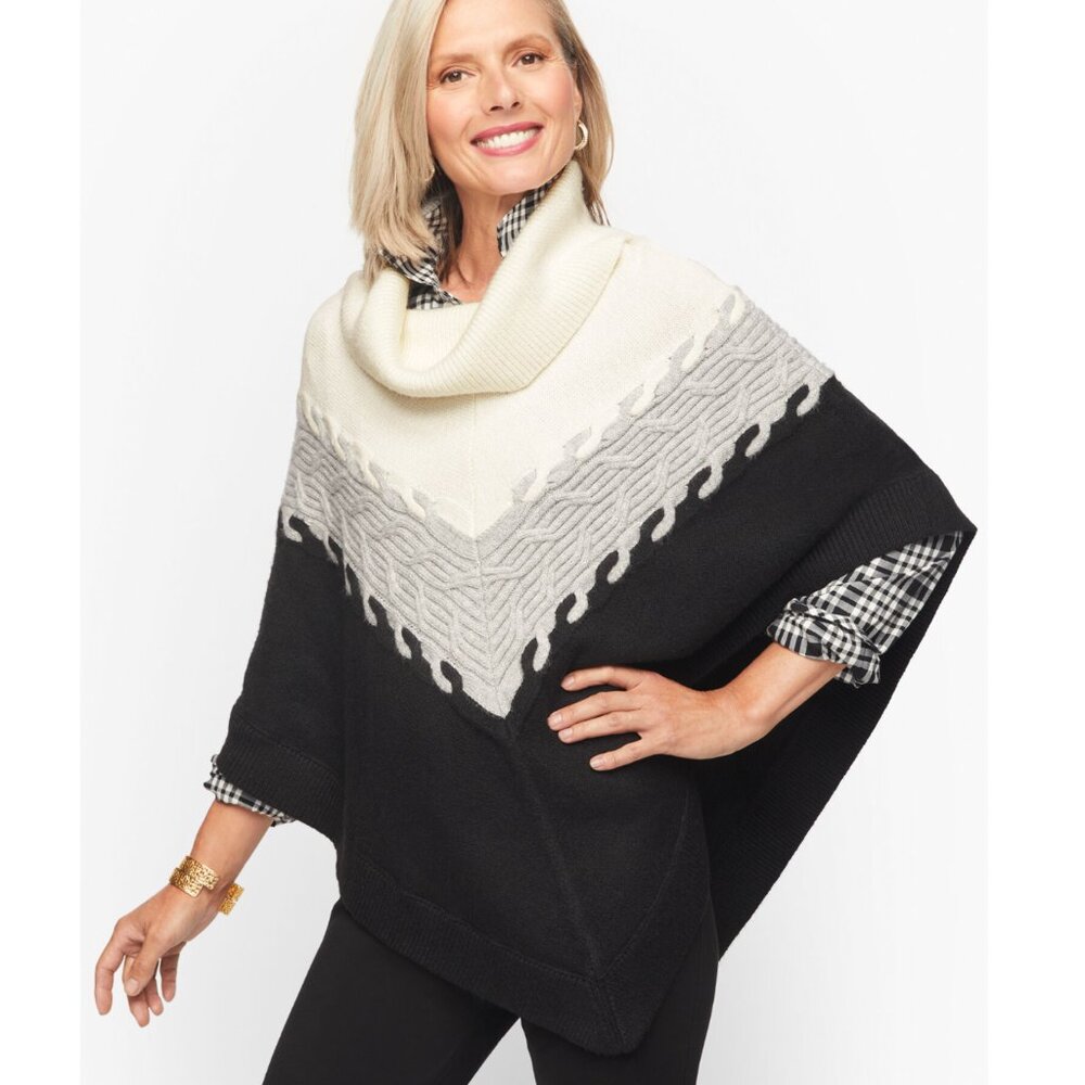 TALBOTS Colorblock Cable Knit Poncho, S NWOT